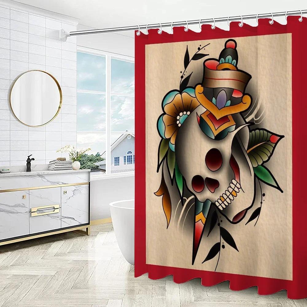 New School Tattoo Europäischer Vorhang Für Quarto Duschvorhänge Badezimmer-Sets Komplettset Faltbare Trennwand Zubehör Bad Schlafzimmer