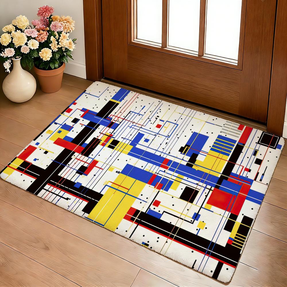 Tappetino Geometrico Astratto Stampa Mondrian Morbido Spesso Antiscivolo in Flanella Calda per Soggiorno Camera da Letto Cucina Tappeti Decorativi