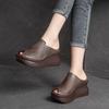 Echtes Leder Peep Toe Wedges Hausschuhe Damen Vintage Outdoor Slides Dicke Sohlen Plateauschuhe