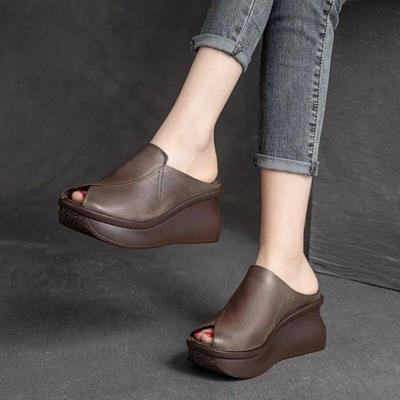 Pantoufles à semelles compensées en cuir véritable pour femmes, diapositives d'extérieur Vintage, semelles épaisses, chaussures à plateforme