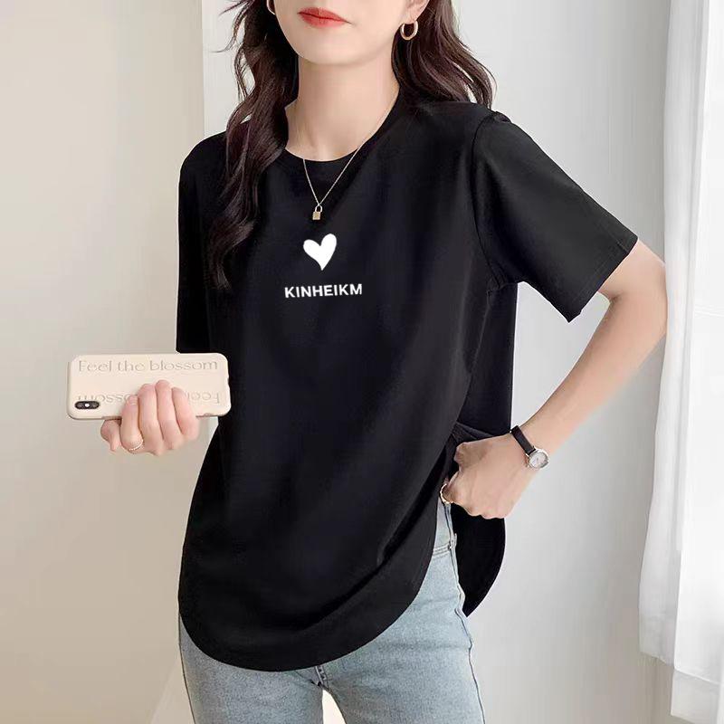 Pure Cotton T-shirt Women's Summer Loose and Thin Bottoming Shirt New Fashion Age Reduction Curved Black Medium and Long Short Sleeves