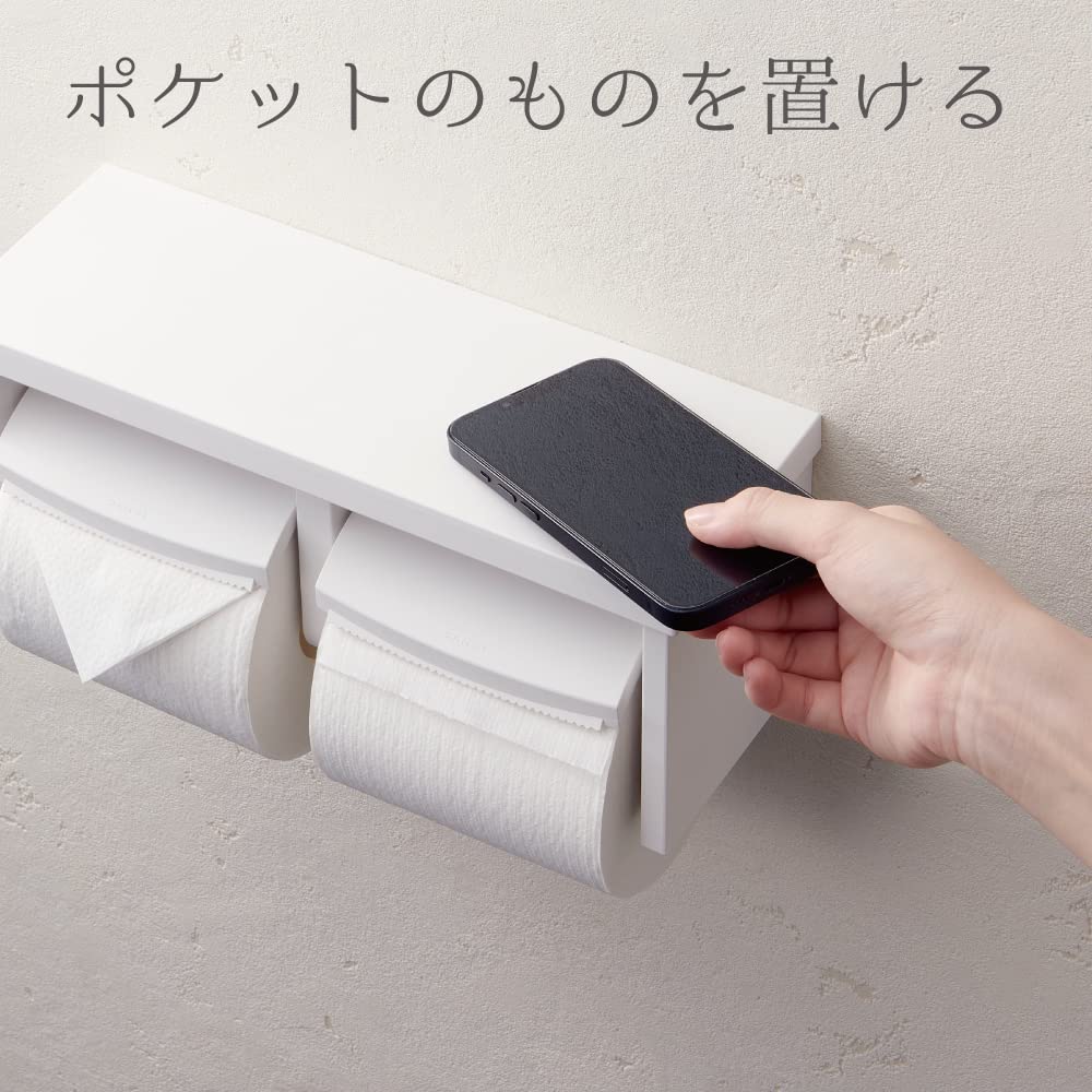 SANEI Double Paper Holder with Shelf, Resin Shelf, White, Small Item Storage, 5kg Weight Capacity, Screws Included, W2810-MW2