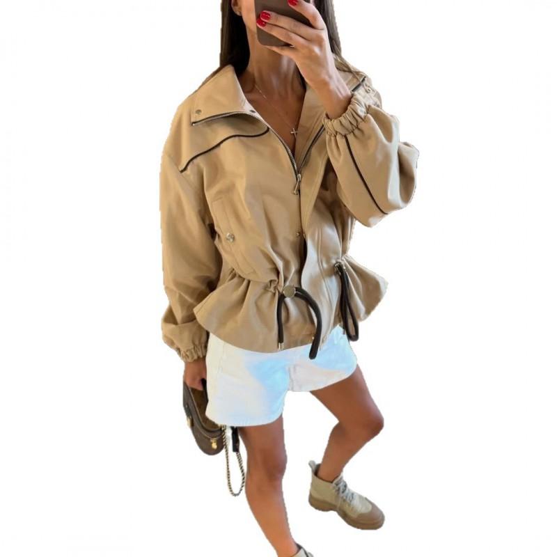 Womens French Retro Stand Collar Windproof Short Trench Coat Small Size Slim Fit Workwear Style