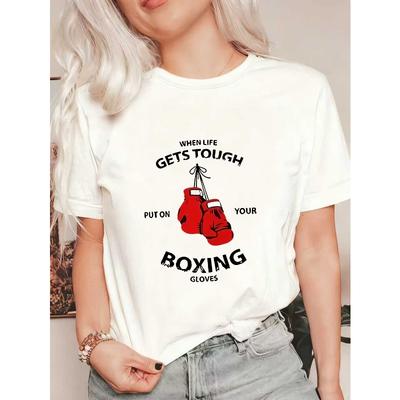 T-shirt Oversized Preta Luvas de Boxe e Estampa Gráfica de Citação Motivacional Roupa Casual para Mulheres