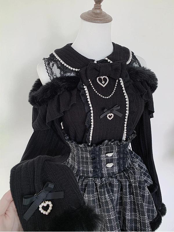 2025 Autumn/Winter Pearl Lace Bow Plush Lolita Long Sleeve Skirt Set for Women