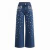 Women's High Waist Straight Leg Jeans Loose Fit Rhinestone Pearl Beaded Non Stretch Denim Pants Elegant Fall Wash Wide Leg Trousers