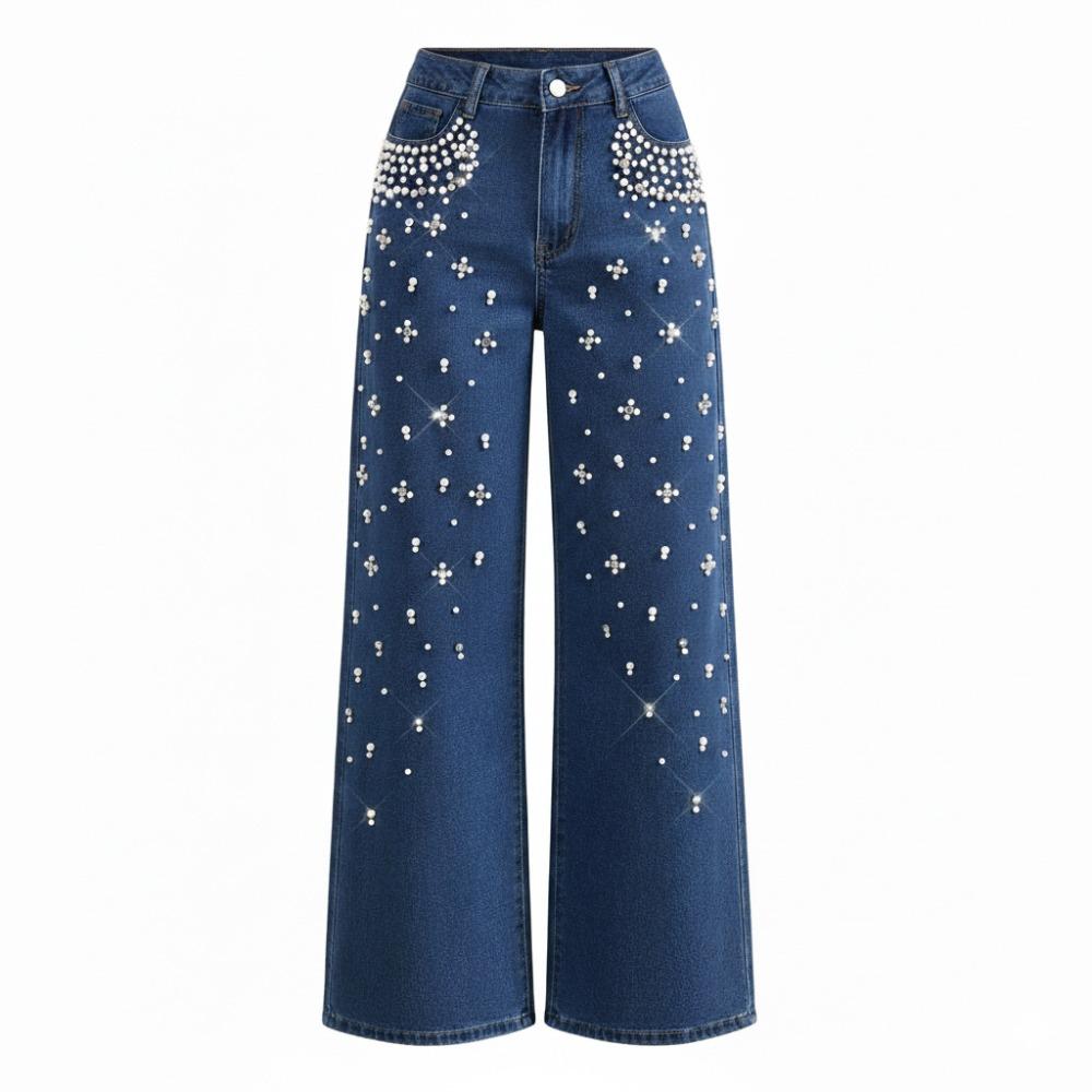 Women's High Waist Straight Leg Jeans Loose Fit Rhinestone Pearl Beaded Non Stretch Denim Pants Elegant Fall Wash Wide Leg Trousers