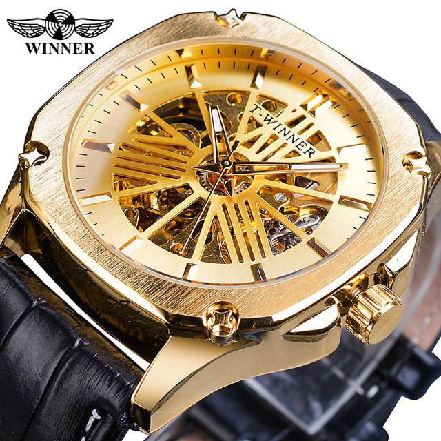 

Победитель Новые лучшие мужские часы Механические часы со скелетом Автоматические механические часы Мужские часы с ремнем золотой