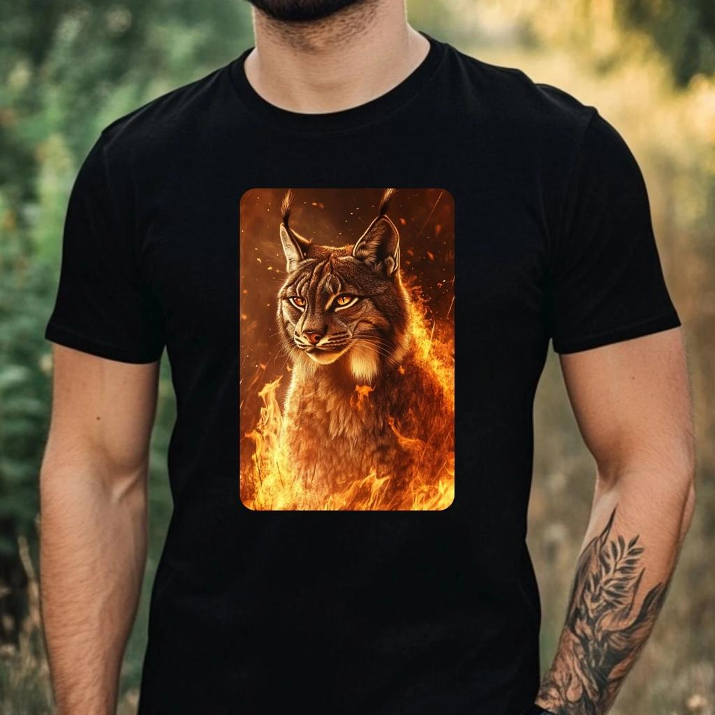 T-Shirt Herren Luchs in Flammen Motiv Baumwolle Größe XS bis 5XL