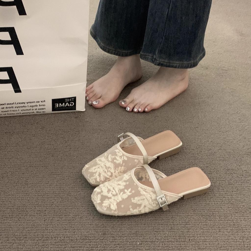 Niche mesh premium baotou half-drag sandals women's shoes 2025 new summer vacation style French with evening shoes