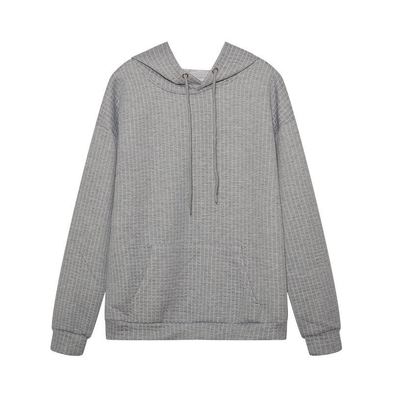 Waffle Grid Kangaroo Pocket Hoodie, Casual Long Sleeve Drawstring Hoodies Sweatshirt, Women's Clothing
