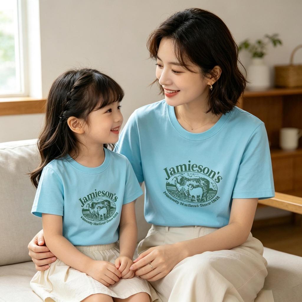 100% Baumwolle Lamm-Print Mutter-Tochter Partnerlook Kurzarm T-Shirt - Rundhals, Lässiges Oberteil