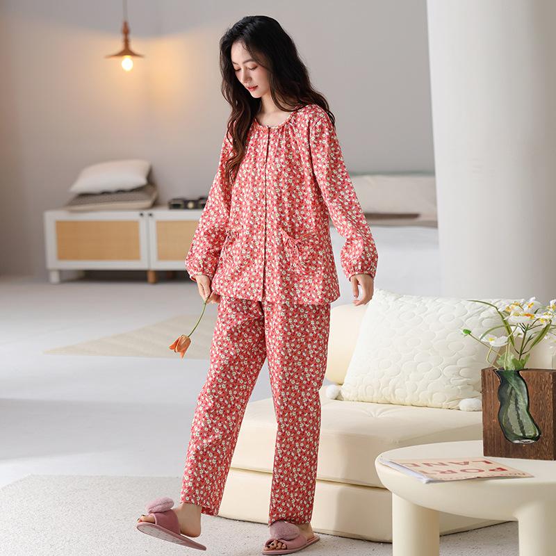 Pajamas Women's Spring and Autumn Woven Cotton Gauze Long-sleeved Small Floral 1011 New Pure Cotton Autumn Thin Loungewear