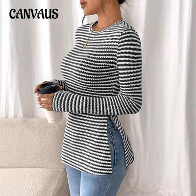 Nuova T-shirt da donna versatile casual a maniche lunghe con scollo rotondo e spacchi