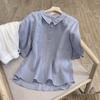 Summer new versatile loose cotton and linen literary and retro lapel solid color temperament shirt cotton and linen top women's short sleeves