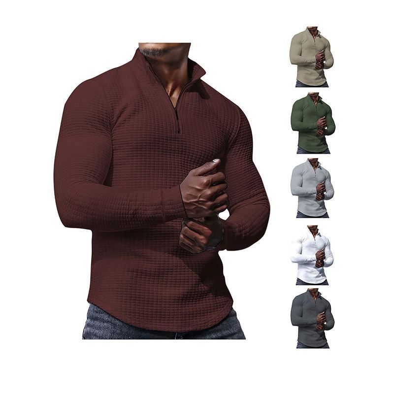Men's Spring and Autumn Small Checkered Sweater Stand-up Collar Half-section Zipper Long-sleeved Jacquard Men's Tops Are Trendy and Versatile
