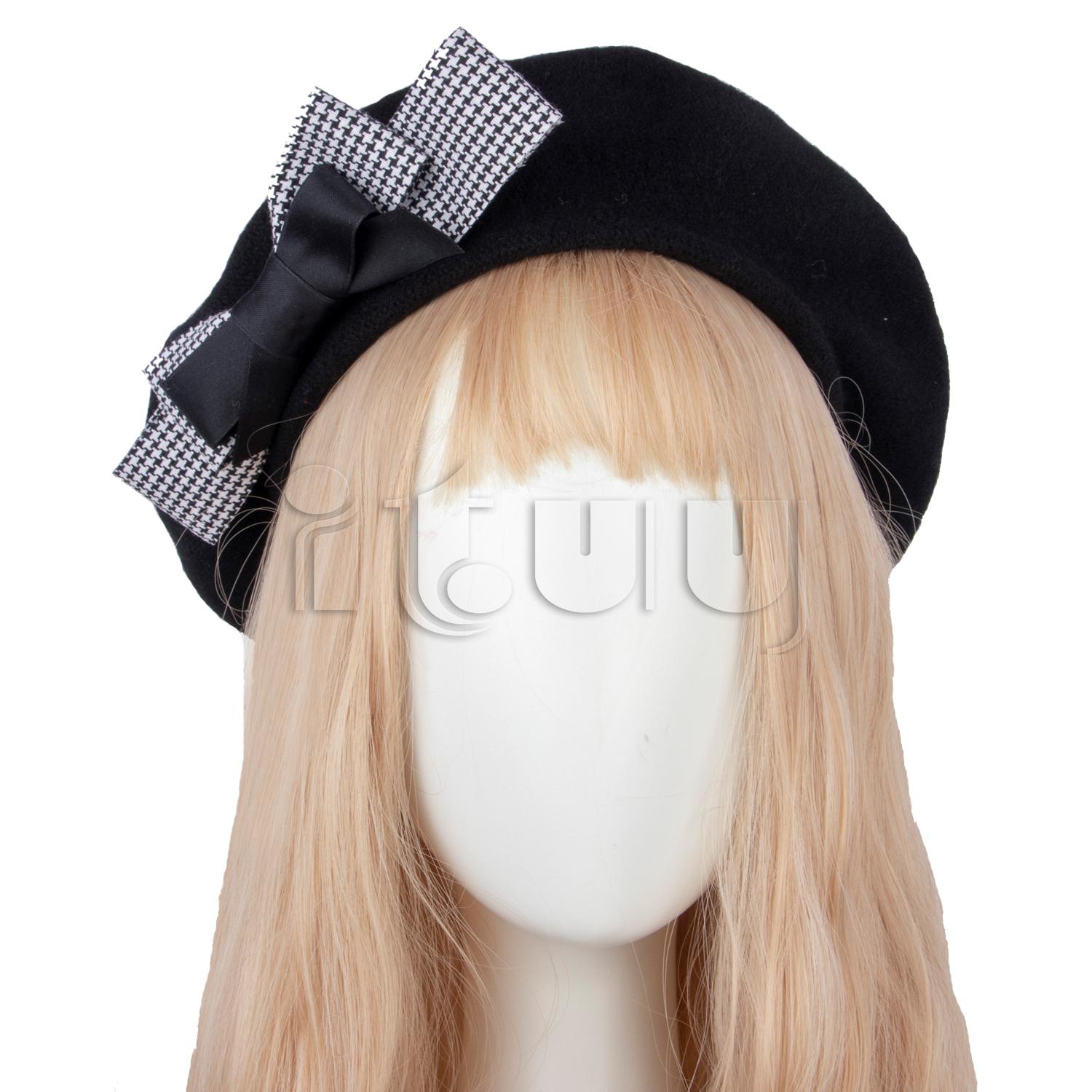 

Women Wool French Beret Hat with Big Bow Girl Lolita Cute Plaid Beanie Cap Hat Winter Warm Fashion Accessory чёрный