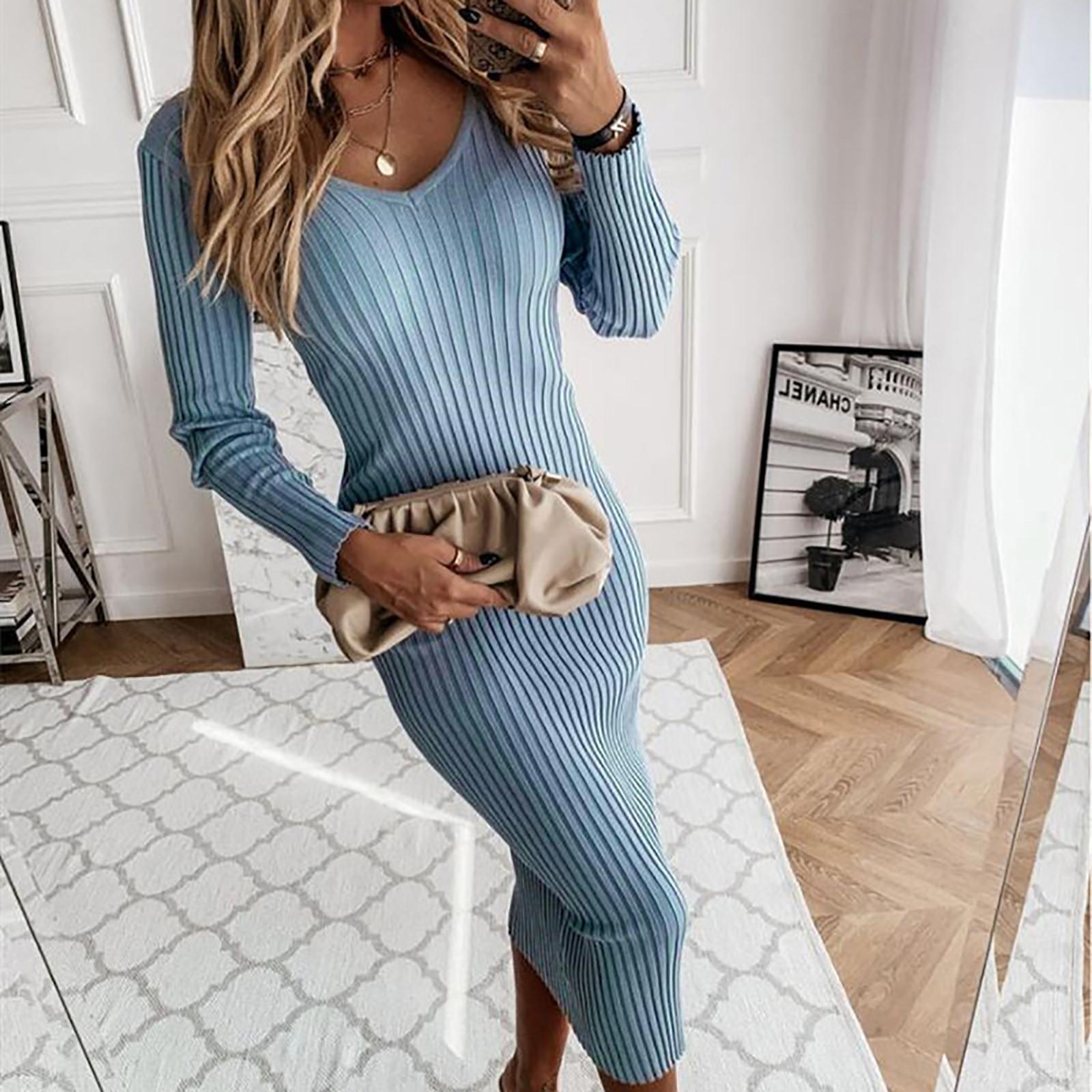 

Жіноча європейська та американська модна повсякденна суцільна кольорова суцільна сукня з V-подібним вирізом і відкритою спиною, сексуальна тонка суцільна сукня з довгими рукавами XXXL