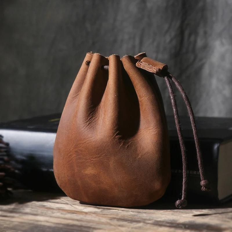 Ambiel Charm Heren Echte Leren Muntportemonnee Eenvoudig Vintage Klein Kaarttasje Dames Koeienhuid Portemonnee Sleutels Geld Trekkoord Opbergzakjes bruin