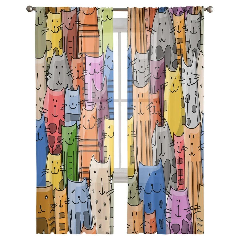 Cartoon Animal Color Cat Window Drapes Living Room Yarn Sheer Curtain Bedroom Kitchen Home Decor Drape