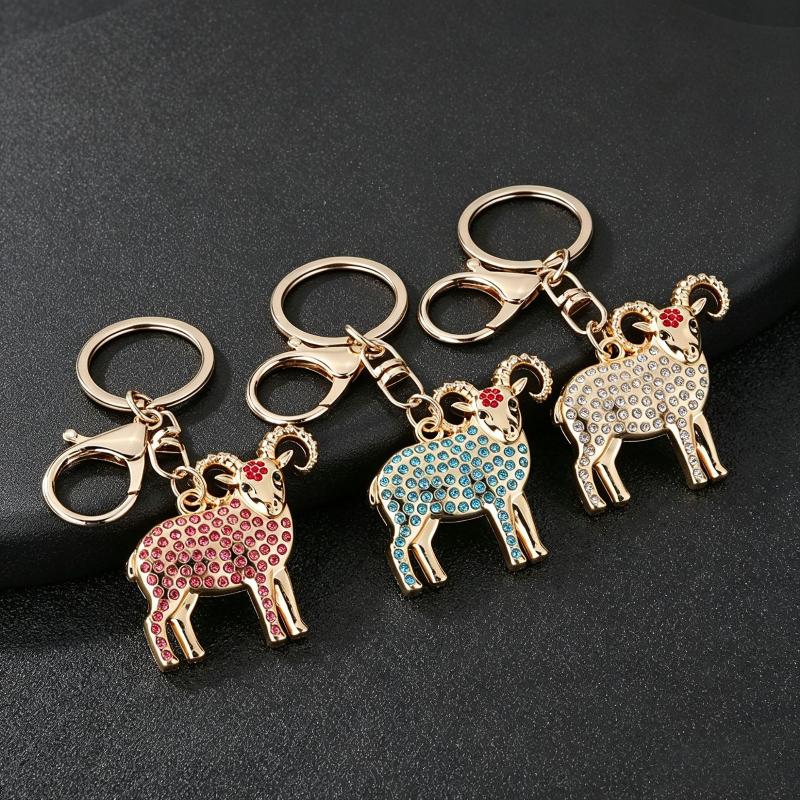 Golden Bighorn Sheep Rhinestone Inlaid Keychain Sturdy Clasp Lightweight Key Ring for Car Key Purse Bag Ornament