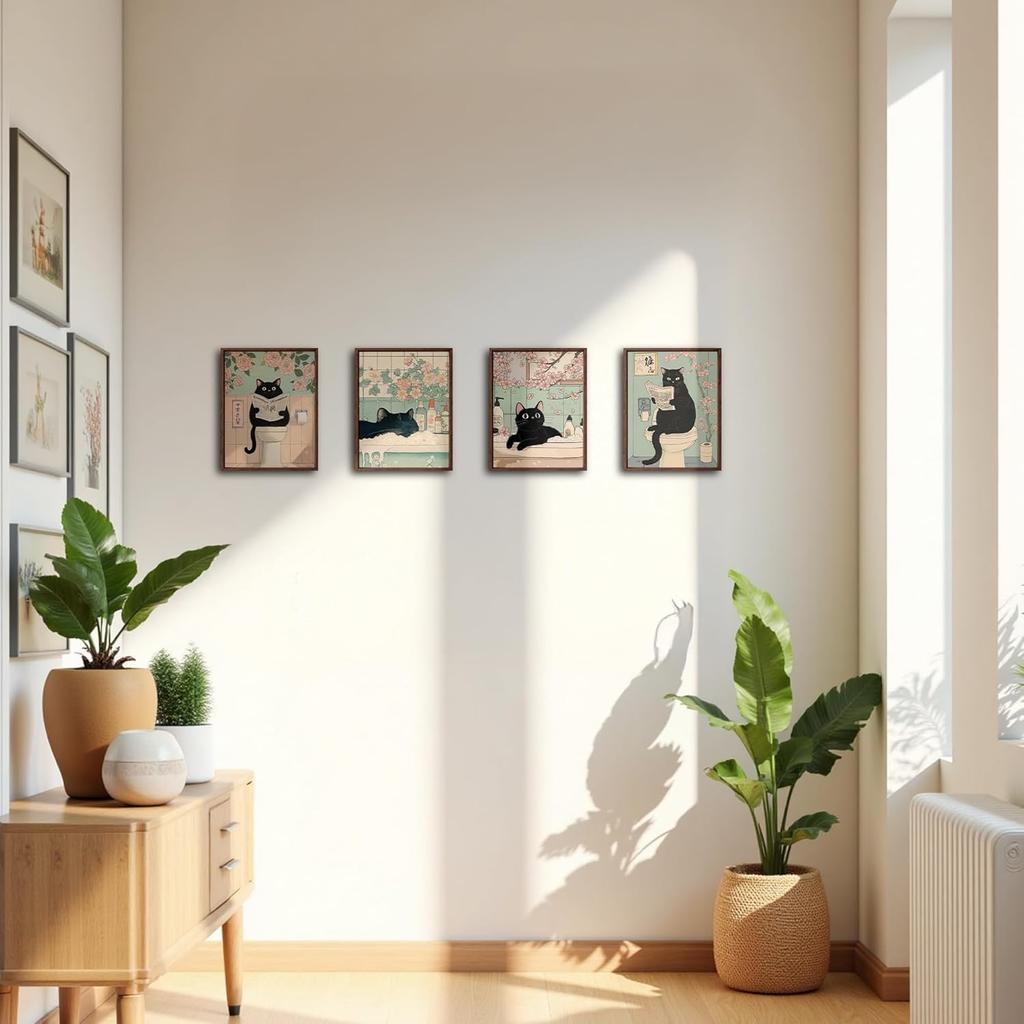 DOFQZ Funny Black Cat Bathroom Wall Art Prints Set of 4, Cat Bathroom Decor, Retro Japanese Black Kitten Floral Aesthetic Posters for Bath Room