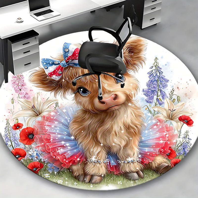 1pc American Flag Cow with Bow Round Carpet Office Chair Mat, Anti Slip Rug for Home Decor, Gift, Office, Living Room, Bedroom
