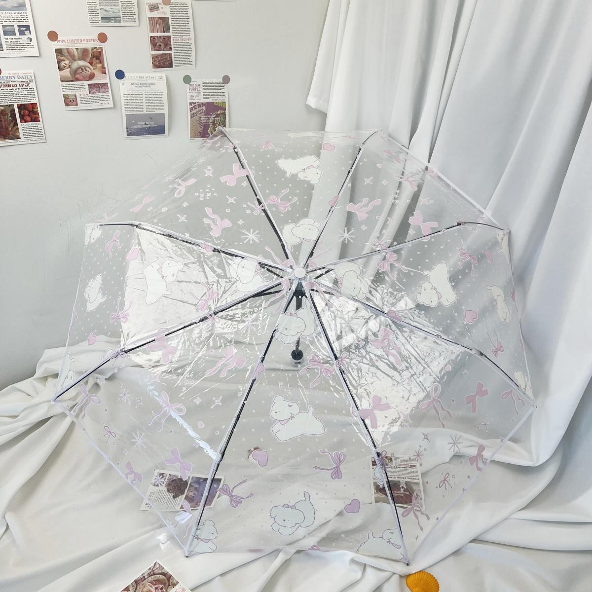 1 Stück Kätzchenmuster Transparent Automatischer Dreifach-Regenschirm, Geeignet für Außenfotografie und Straßenfotografie white