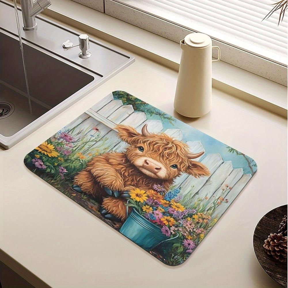 1Pcs Highland Cow Rubber Drying Mat Tableware For Coffee Shop Kitchen Carpet Tableware Durable Diatom Mud Table Mat Pet Coffeeware Mat