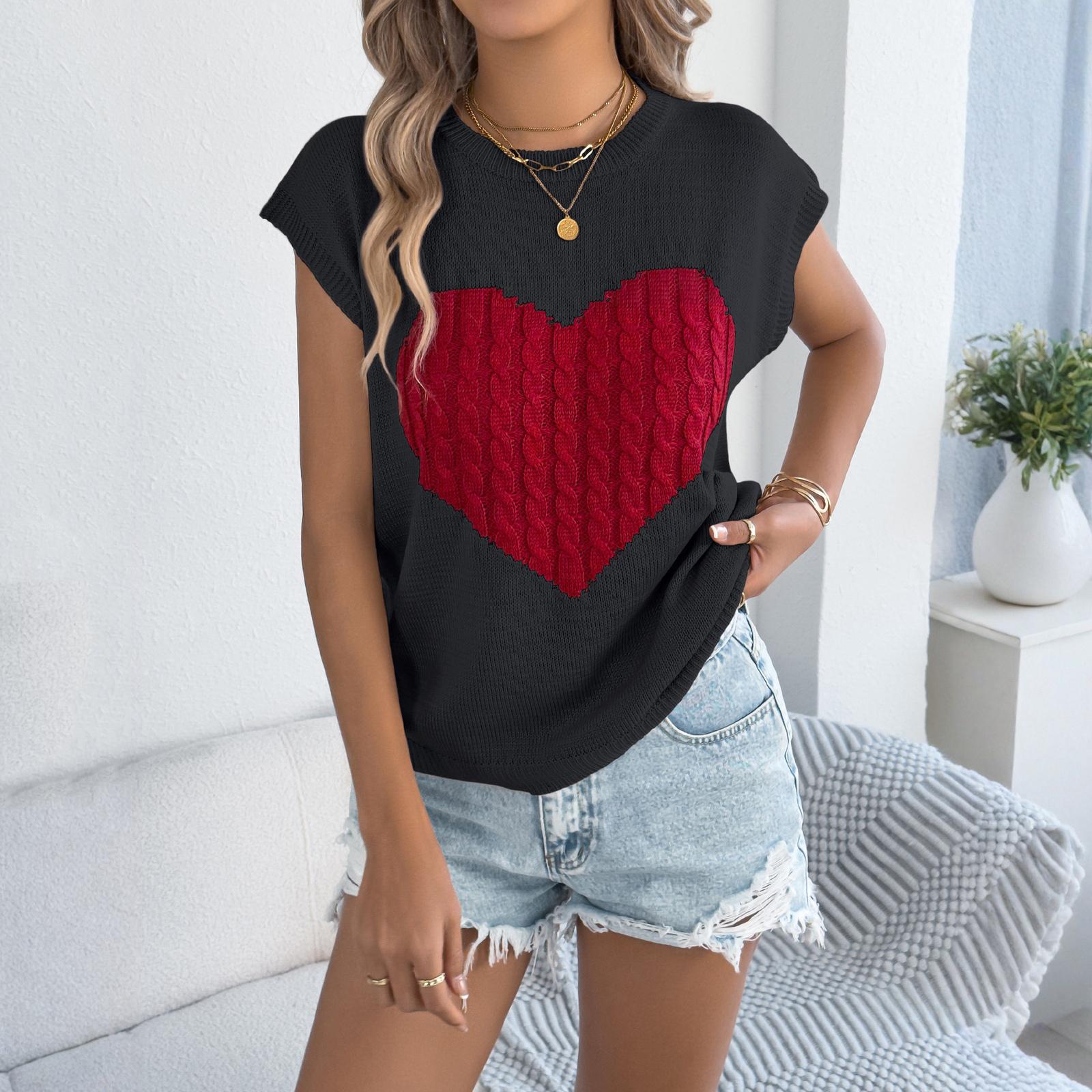 

Женский модный вязаный топ с контрастным цветом и сердцем, повседневный, свободный L чёрный