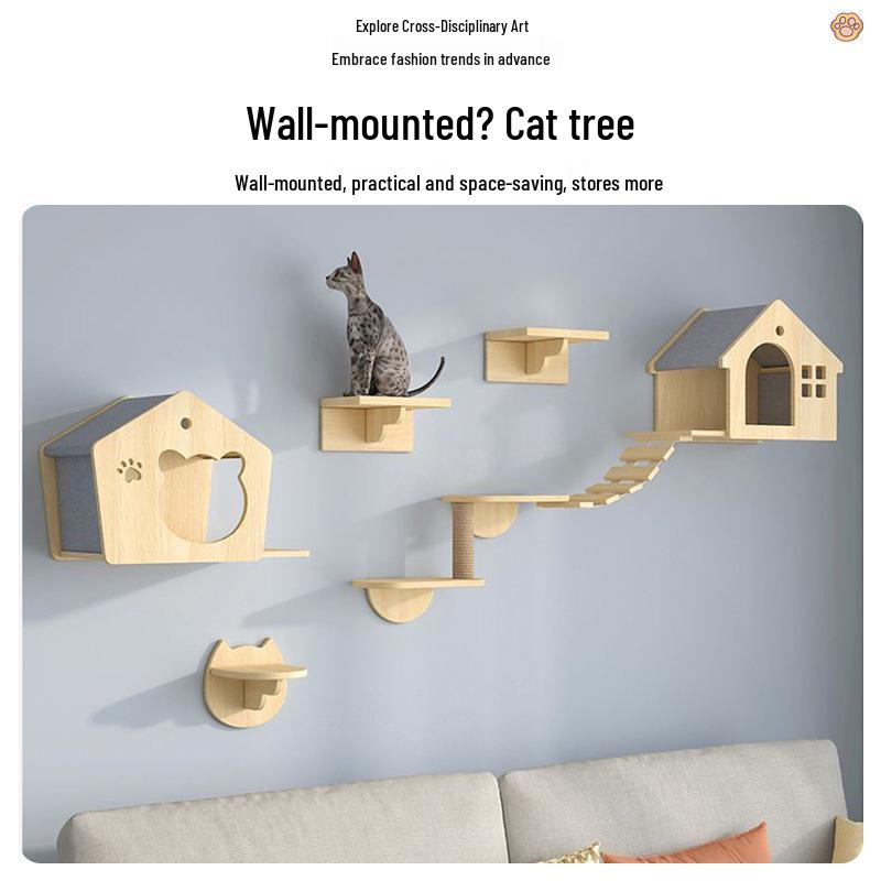 Wall-Mounted Solid Wood Cat Climbing Frame with Bed, Jumping Platform, and Scratching Post