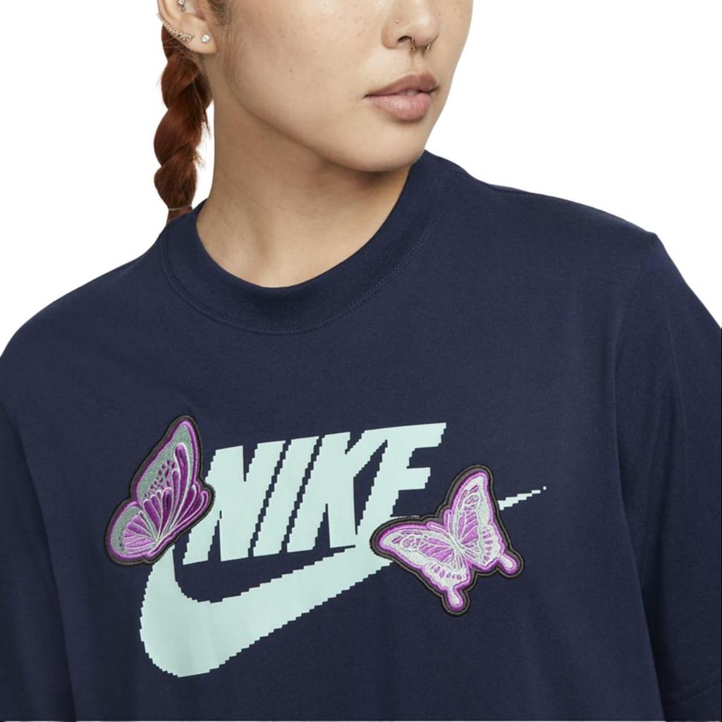 New Nike Women'ss Butterfly Print Crewneck T-Shirt Navy FD2526-410