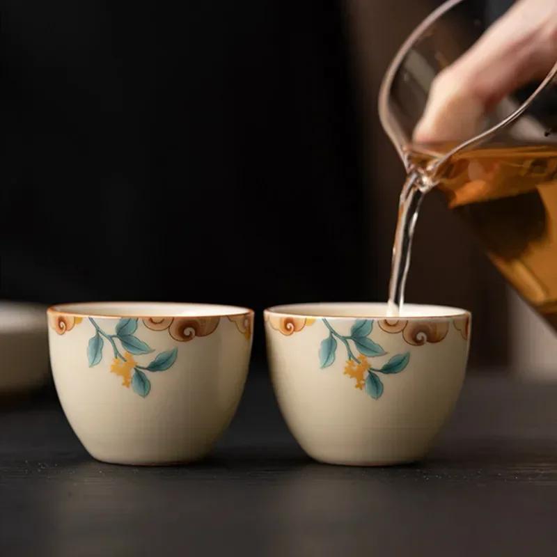 1 Pc Chinese Tradition Ru Kiln Tea Cup Hand Painted Leaves Pattern Ceramic Tea Bowl Household Teaware Handmade Teacup 50ml
