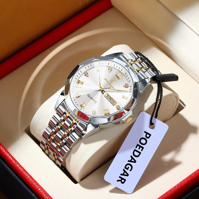 POEDAGAR Orologio da uomo di lusso originale impermeabile luminoso con data settimana acciaio inossidabile quarzo moda