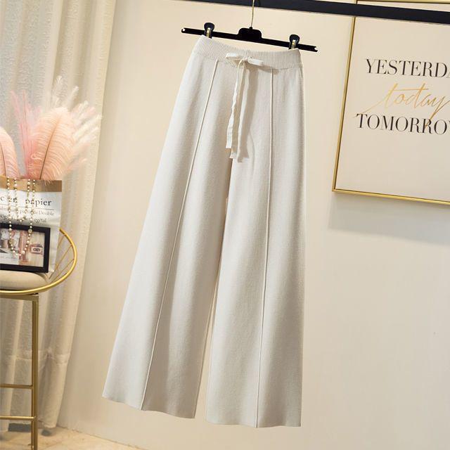Women's Off-White Tie-Waist Knitted Wool Pants - High Waist, Wide Leg, Floor-Length, Autumn/Winter Style