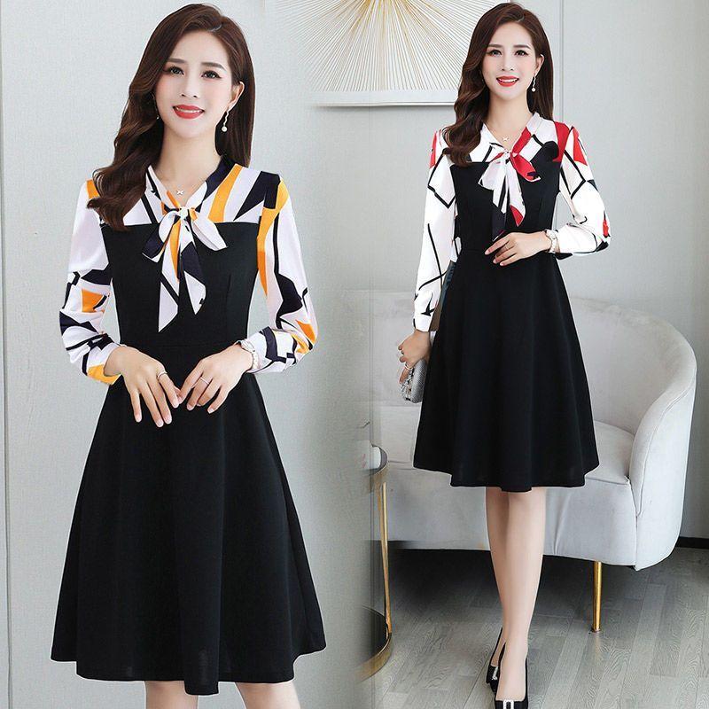 Women's Korean-Style Bow-Knot Printed A-Line Dress Casual Patchwork Long-Sleeve One-Piece Dress