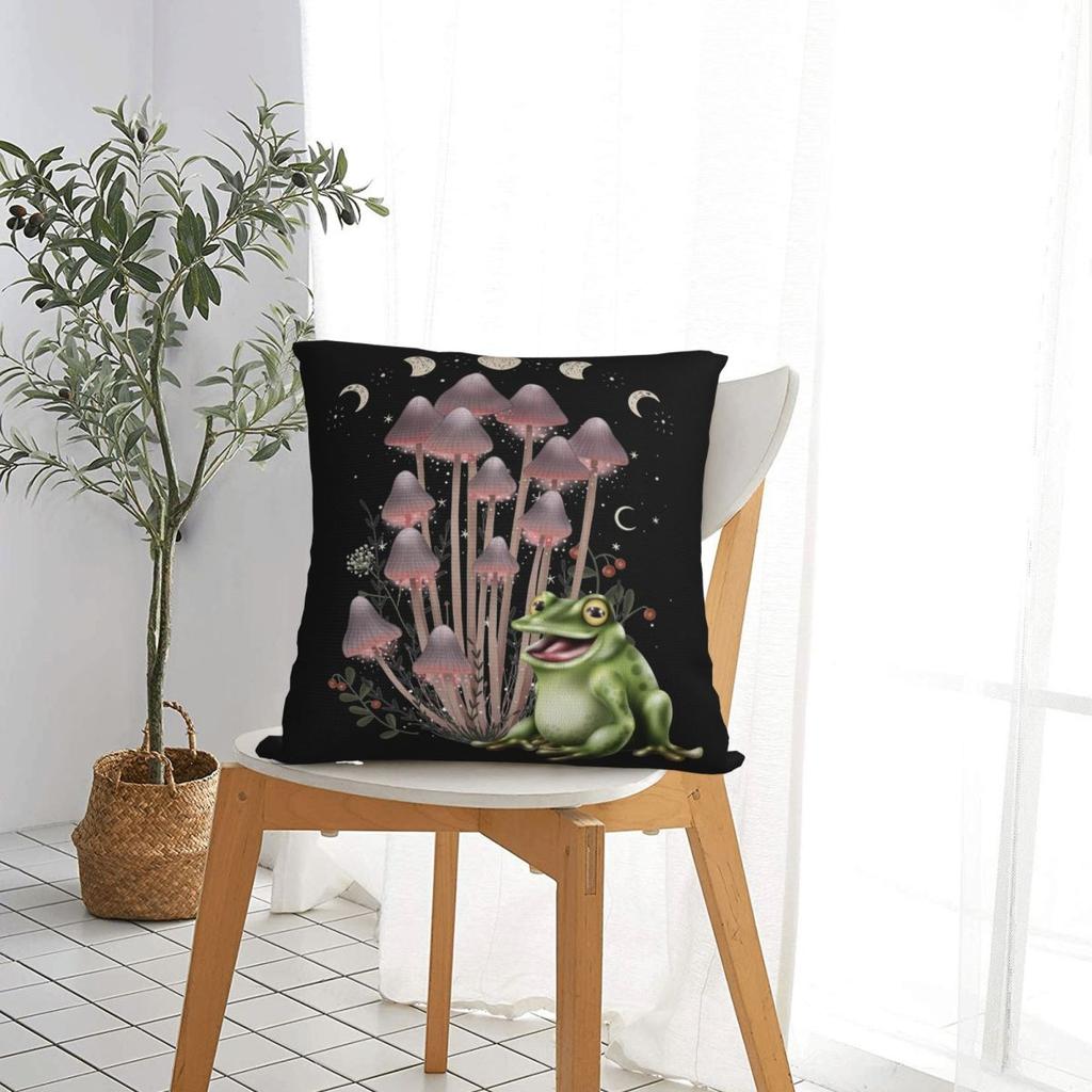 Cottagecore Aesthetic Frog Mushroom Moon Phase Goblincore Shrooms Pillow Case Cushion Cover Decorative Pillowcase for Home
