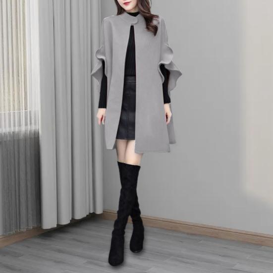 

Yousheng Женское зимнее пальто с рукавами-лепестками, воротником-стойкой, А-силуэтом, накидкой, открытым стеганым кардиганом средней длины, шерстяным пальто для улицы, пончо M чёрный