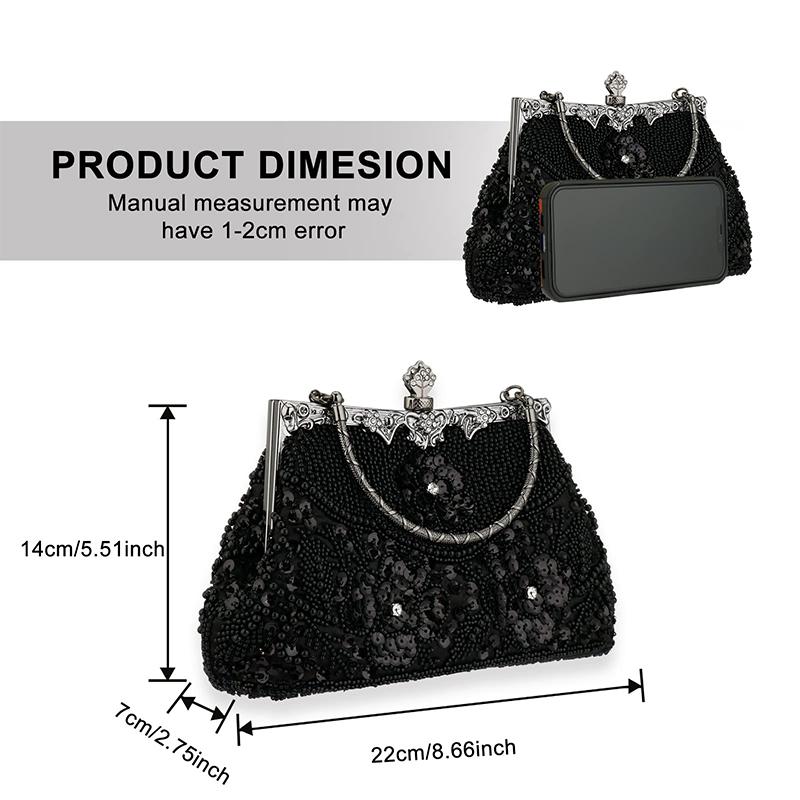 Women Embroidered Beaded Sequin Evening Handbag Vintage Shoulder Bag Purse for Wedding Bridal Prom Party Elegant Top Handle Bag