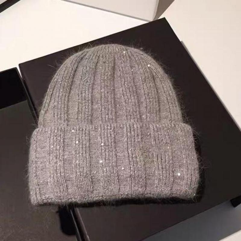 Knitted Beanie Winter Hats Women Men Rabbit Fur With Sequin Wide Stripe Design, Small Face Friendly, Warm & Fashion