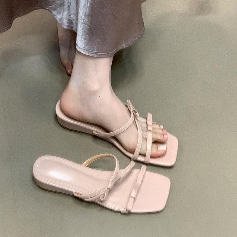 Bow square head low heel one-word drag wearing sandals versatile pink sandals