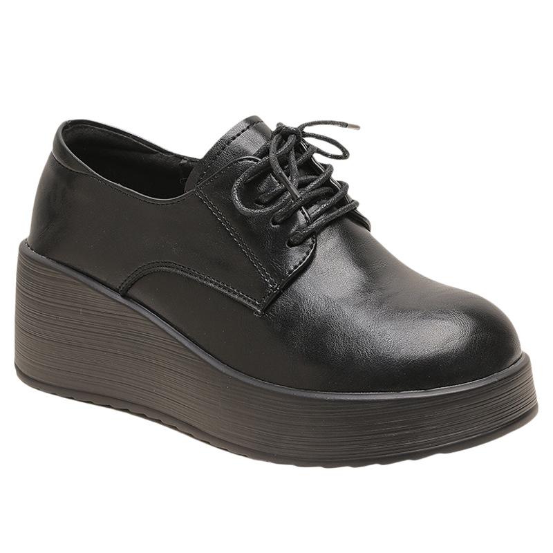 Women's Spring and Autumn Work Shoes Thick-Soled Leather Shoes Women's Platform Lace-up Wedge Heel Single Shoes Commuter Shoes