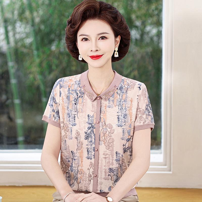 Mid-aged Mom Summer Ice Silk Short-Sleeve Lapel Top - Stylish & Loose for Middle-Aged Women