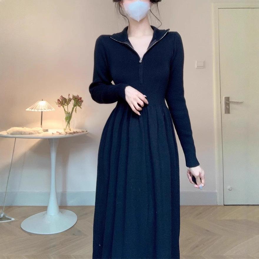 

Autumn and winter new temperament elegant zipper inner dress women s waist thin medium and long knee A-shaped sweater skirt one size fits all