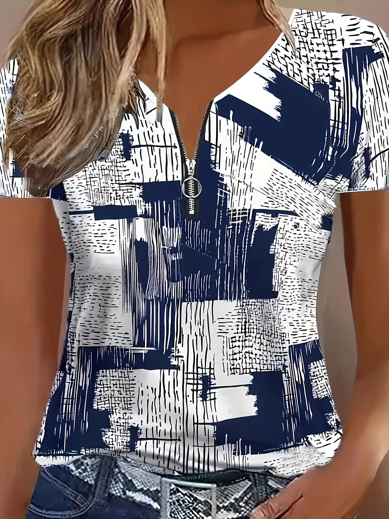 

[Casual orientation] Spring and summer geometric print women s zipper print short-sleeved T-shirt S