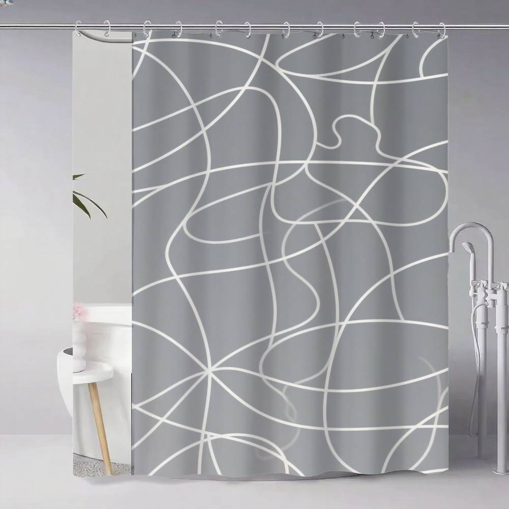 Soft Curvy Line Geometric Minimalist Patterns Shower Curtain, Bathroom Decorative Shower Curtain, Waterproof Curtain With Hooks