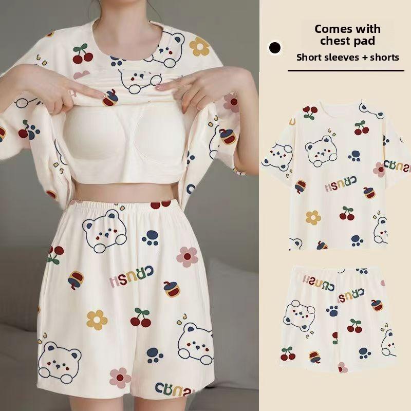 Cartoon Girl Summer Pajamas Set With Chest Padding For Sleep And Lounge Comfort