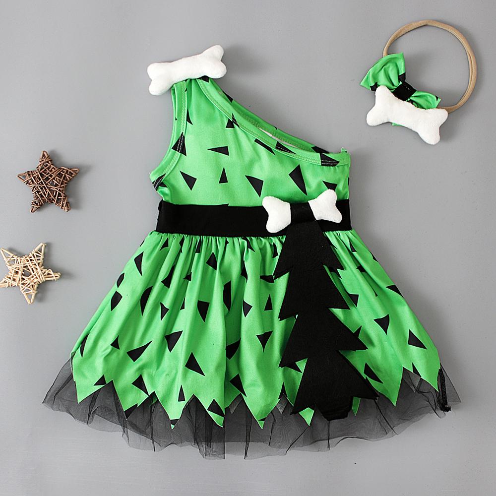 Baby Kids Girls Triangle Printed One Shoulder Tulle Dress with Bowknot Headband Cosplay Costume Clothes for 0.5-5 Years