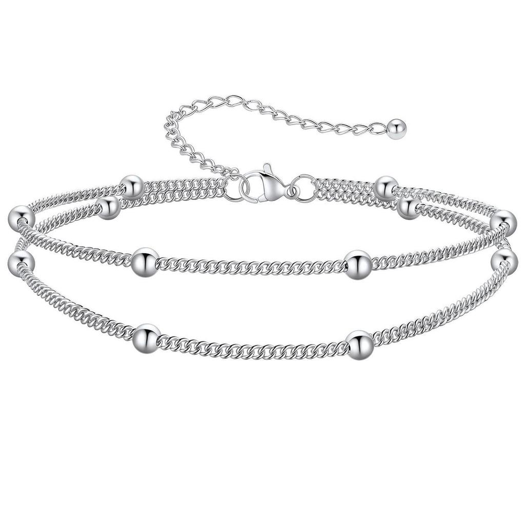 European-American Layered Embossed Round Pendant Anklet - Women's Double-Layer Beaded Chain Foot Jewelry for Summer Beach.
