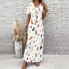 Women Plus Size V Neck Short Sleeve Printed Straight Maxi Dress